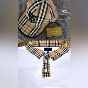 🔥👕 men’s BURBERRY Polo (US) XL RARE Collar w/iconic PLAID+ men’s BURBERRY Hat